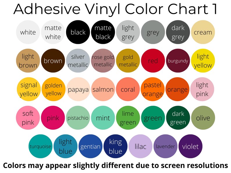 May include: Adhesive vinyl color chart with a variety of colors, including white, black, grey, and cream. The chart also features shades of brown, gold, red, pink, green, and blue. Text at the top reads "Adhesive Vinyl Color Chart 1".