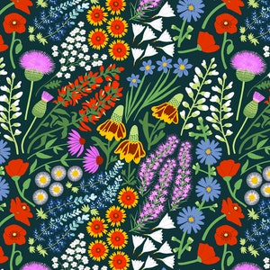 May include: A seamless pattern featuring a variety of colorful wildflowers on a dark green background. The flowers include red poppies, purple coneflowers, bluebells, and yellow daisies.