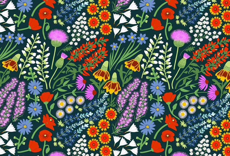 May include: A seamless pattern featuring a variety of colorful wildflowers on a dark green background. The flowers include red poppies, purple coneflowers, bluebells, and yellow daisies.