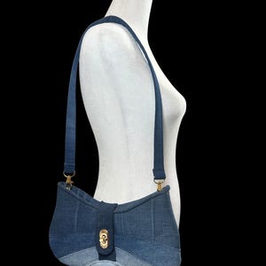 Recycled Denim Shoulder Bag – Blue Stripe Lining, Gold Hardware, Toggle Closure