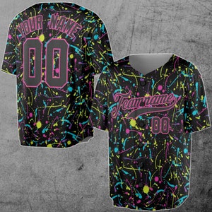 Customize Name, Number, Team Name Colorful Paint Splatter Neon Text Graffiti Kids, Youths, Adults Baseball Jersey S-5XL