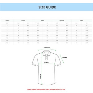 May include: Size chart for a polo shirt with measurements in inches and centimeters. The chart includes measurements for the bust, length, shoulder, and sleeve. The chart also includes a diagram of a polo shirt with the measurements labeled.