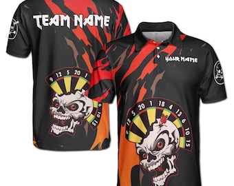 カスタムダーツメンズポロシャツ：スカル「黙って投げろ」デザイン