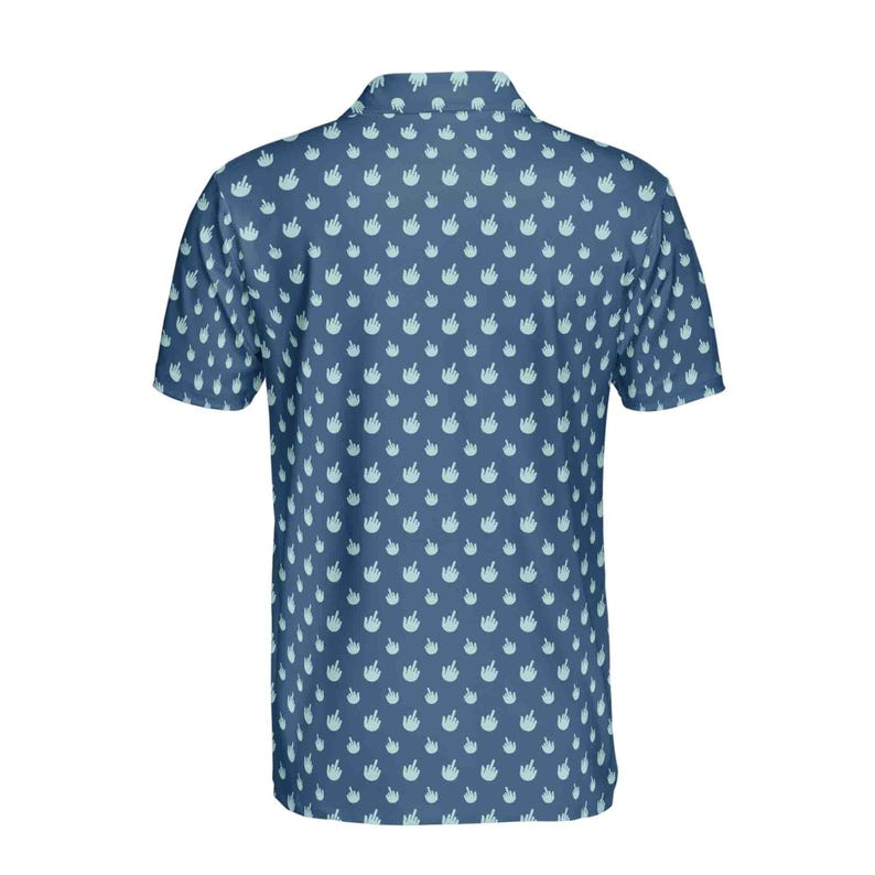 May include: A blue short-sleeved polo shirt with a pattern of light blue hand gestures.