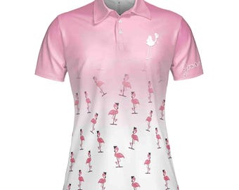 Polo de golf con flamenco rosa y nombre personalizado: ropa deportiva para mujer