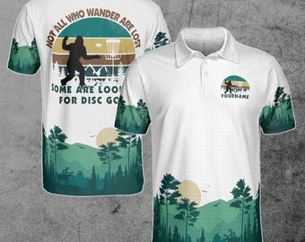 Funny Sasquatch Bigfoot Looking For Disc Golf Shirt, Retro Disc Golf Gift Polo Shirt S-5XL