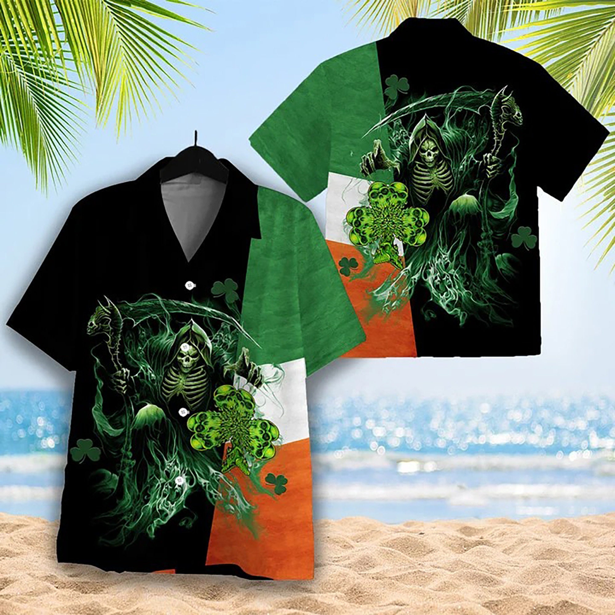 Hawaiian Aloha Shirts St Patrick's Day Irish Grim Reaper 3D All Over Print Hawaiian Shirt Size S-5XL - Roticstore Design