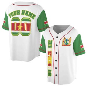 May include: White baseball jersey with green and red sleeves. The jersey has the words "YOUR NAME" on the back and the number "00" with a star in the center. The front of the jersey has the words "SURINAME" vertically down the left side and a coat of arms with a palm tree and three people on the right side.