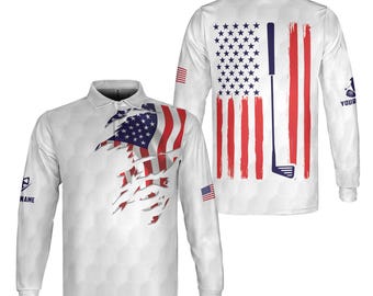 Custom Name American Flag Patriotic Golfer Golf Long Sleeve Polo Shirt S-5XL