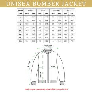 May include: Size chart for a unisex bomber jacket with measurements in inches and centimeters. The chart shows the size, length, bust, shoulder, and sleeve measurements for sizes S through 5XL.