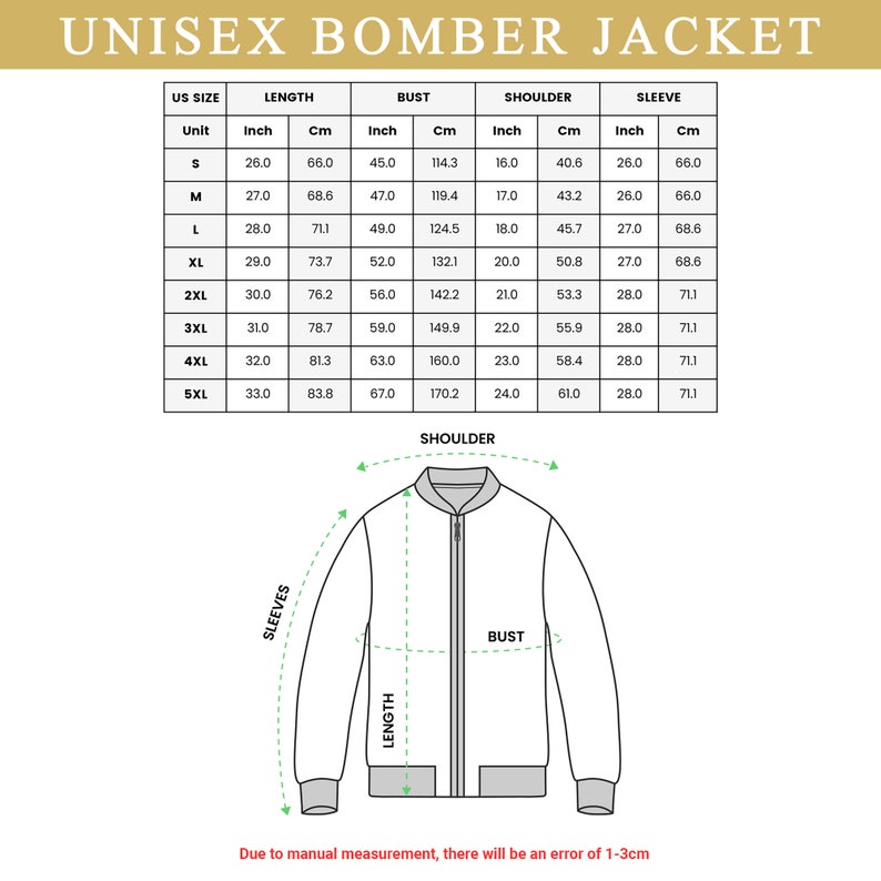 May include: Size chart for a unisex bomber jacket with measurements in inches and centimeters. The chart shows the size, length, bust, shoulder, and sleeve measurements for sizes S through 5XL.