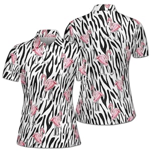 Funny Flamingo Play Golf Zebra Pattern Women&#39;s Polo Shirt S-5XL