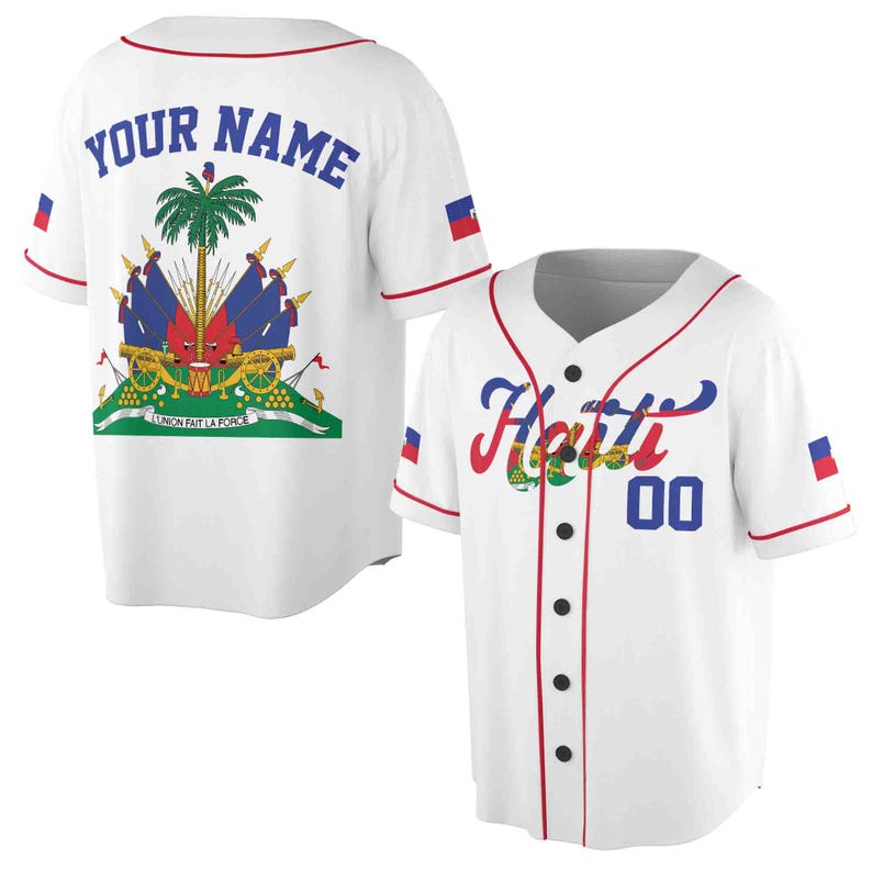 May include: White baseball jersey with red trim and the text "Haiti" in blue with a number "00" underneath. The jersey has the Haitian flag on the sleeves and the coat of arms on the back with the text "YOUR NAME" above it.