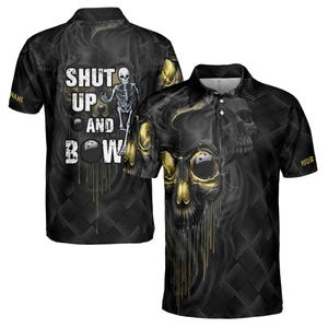 Personalize Name Skull Bowling Shut Up Polo Shirt, Scary Halloween Gift Idea For Bowlers, Skull Bowling Team Polo Shirt