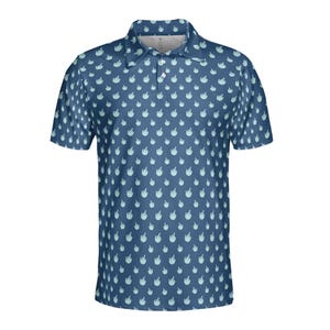 May include: A blue short-sleeved polo shirt with a pattern of light blue hand gestures.