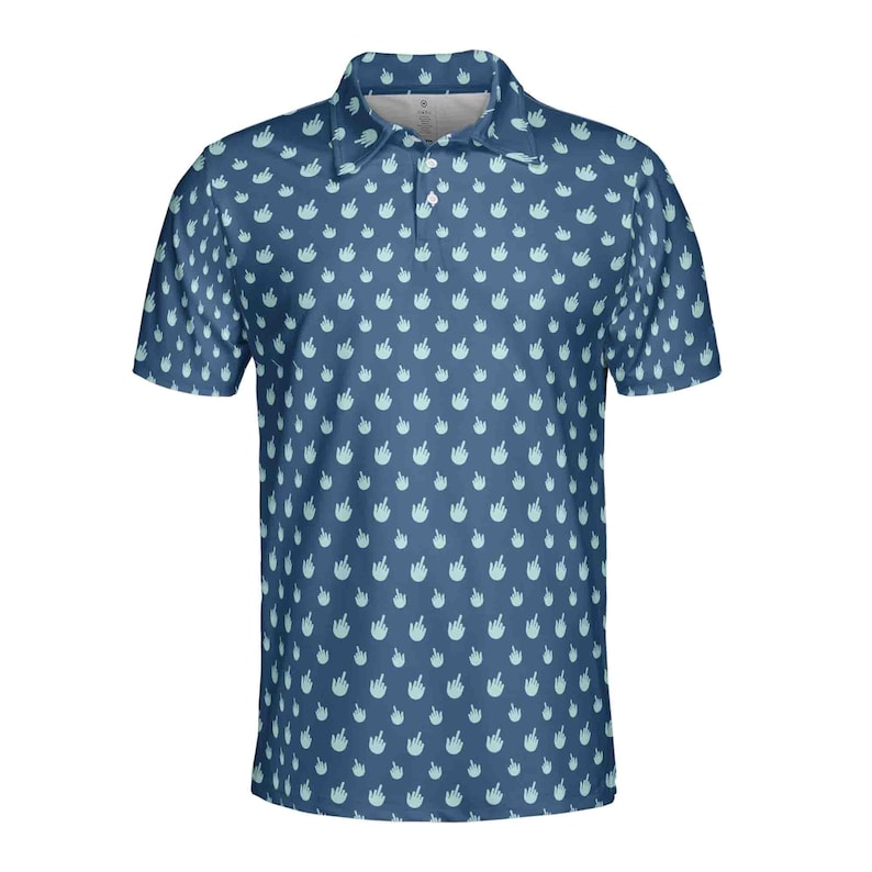 May include: A blue short-sleeved polo shirt with a pattern of light blue hand gestures.