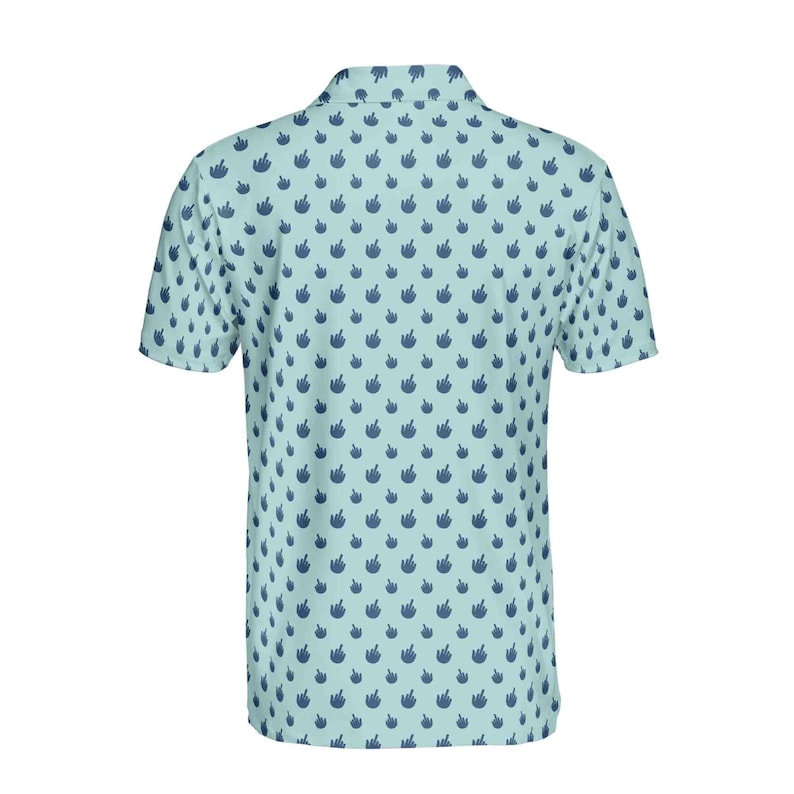May include: A light blue short-sleeved polo shirt with a repeating pattern of dark blue hand gestures.