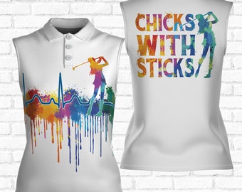 Acuarela Heart Beat, Chicks With Sticks 3D Polo sin mangas para mujer Talla XS-4XL