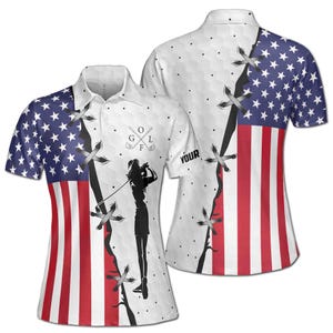 Custom Name American Lady Golfing USA Flag Golf Women 3D Polo Shirt Size S-5XL