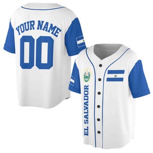 Camiseta de béisbol blanca patriótica con escudo de armas y bandera de El Salvador con nombre y número personalizados, tallas S a 5XL