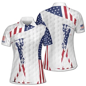 Custom Name American Lady Golfing USA Flag Women&#39;s Polo Shirt S-5XL