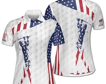 Custom Name American Lady Golfing USA Flag Women's Polo Shirt S-5XL