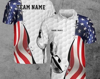 Custom Name Team American Flag Golfer Stick Silhouette Men's Polo Shirt S-5XL