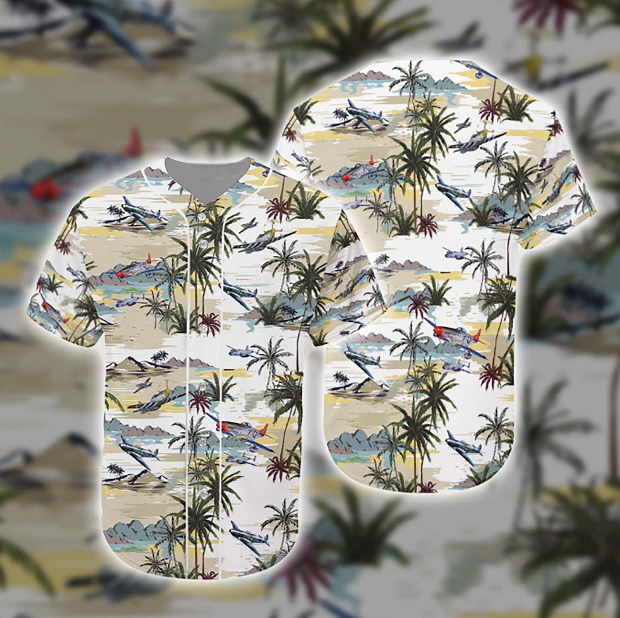 Aircraft Hawaiian Pattern Unisex Short Sleeve 3D All Over Print Baseball Jersey Shirt Size S-5XL - Roticstore Design