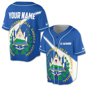 Custom Name White Blue El Salvador coat of arms Baseball Jersey Shirt S-5XL