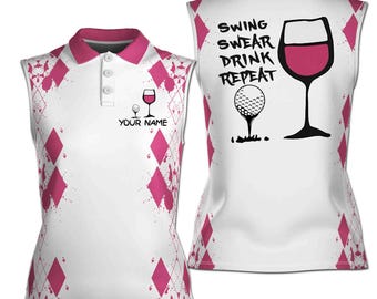 Custom Name Swing Swear Drink Repeat Golf & Wine 3D Women Sleeveless Polo Size XS-4XL