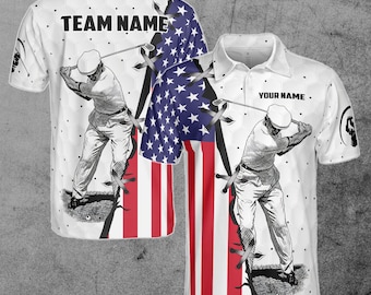 Custom Name, Team Name Golf American Flag Men's Polo Shirt S-5XL