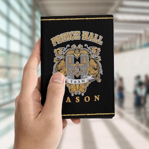 Customize Name Masonic Prince Hall Symbol Freemasonry Black Gold Leather Passport Wallet, Freemason Lodge Gift