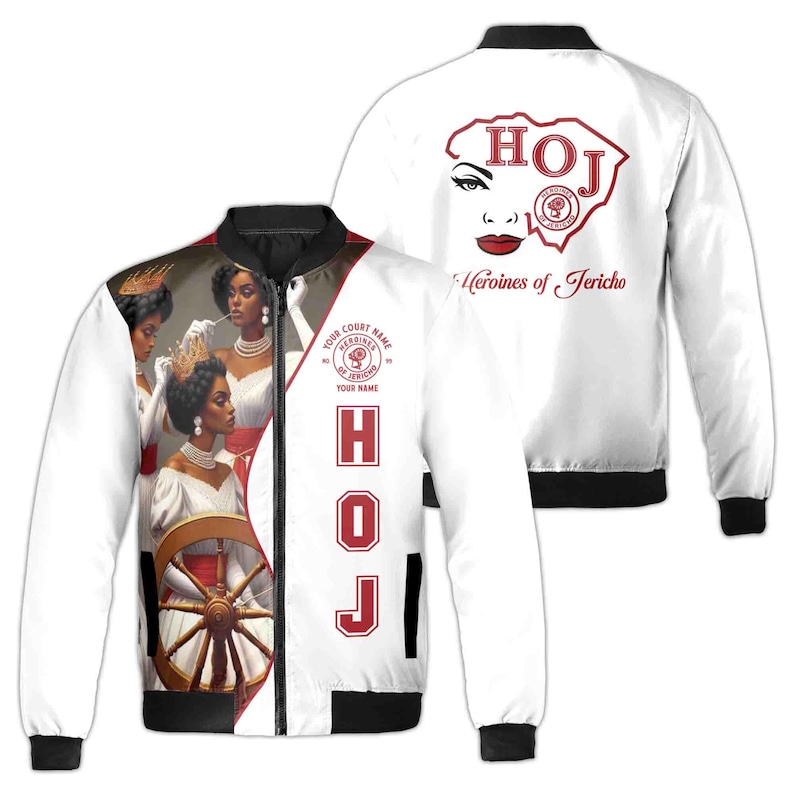 May include: White bomber jacket with a black zipper and black ribbed cuffs. The front of the jacket features a colorful illustration of three women and a spinning wheel. The back of the jacket features a red and white logo with the text "HOJ Heroines of Jericho".
