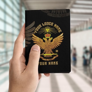 Customized Name 33rd Degree Double-Headed Eagle Wings Up Emblem Masonry Passport Holder