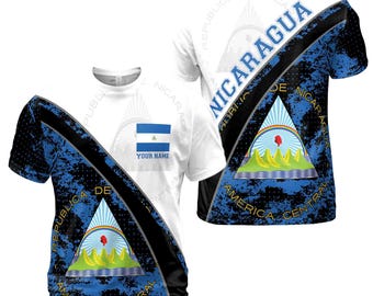 Personalized Name Patriotic Nicaragua Flag Coat of Arms Patriotic 3D T-Shirt S-5XL
