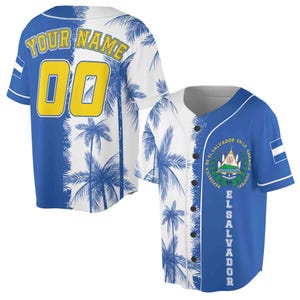 Personalized Name Number Blue Tropical El Salvador Flag Coats of Arm Baseball Jersey Shirt S-5XL