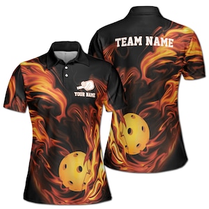 Personalisiertes Name Pickleball On Fire Team Player Damen Polo-Shirt S-5XL