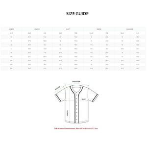 May include: Size chart for a baseball jersey with measurements in inches and centimeters for bust, sleeve, shoulder, and length. The chart includes sizes XS to 5XL.