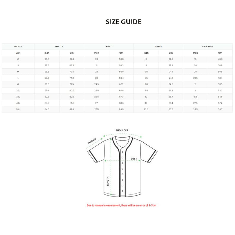 May include: Size chart for a baseball jersey with measurements in inches and centimeters for bust, sleeve, shoulder, and length. The chart includes sizes XS to 5XL.