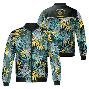 Customize Name Masonic Freemasonry Lodge Tropical Plants Bomber Jacket S-5XL