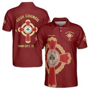 May include: Red polo shirt with a gold and red cross design. The shirt has the text "Your Council" and "Your City, ST." on the back. The front of the shirt has the text "Your Name" and "Your Council" with a number.
