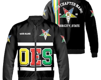May include: Black bomber jacket with a zipper closure. The jacket features a white stripe with the letters "OES" in yellow, red, and green. The back of the jacket has a five-pointed star with the words "Your Chapter Name" and "Your City, State".