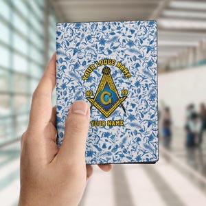 Customized Masonic Symbol Freemasonry Floral Leaves White Blue Leather Passport Wallet