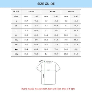 Op de afbeelding: Maattabel voor een T-shirt met maten in inches en centimeters voor maten S tot en met 5XL. De tabel toont de lengte, breedte en mouwlengte voor elke maat.
