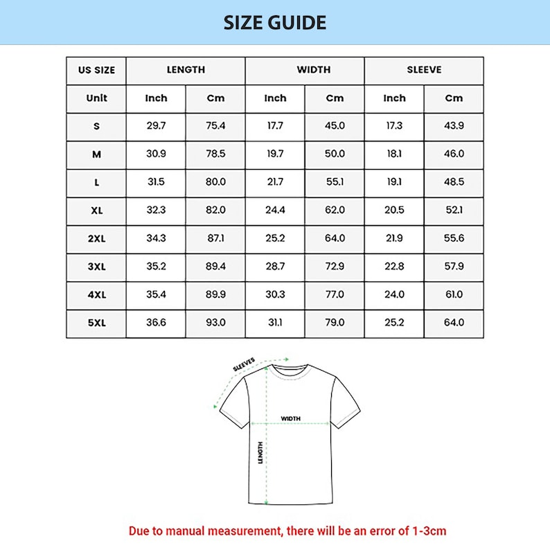 Op de afbeelding: Maattabel voor een T-shirt met maten in inches en centimeters voor maten S tot en met 5XL. De tabel toont de lengte, breedte en mouwlengte voor elke maat.