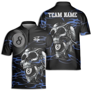 Customized 8-Balls Billiard Player Grunge Skull Zipper Polo  S-5XL