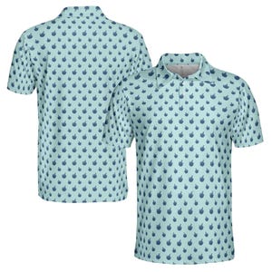 May include: A light blue short-sleeved polo shirt with a repeating pattern of dark blue middle fingers.