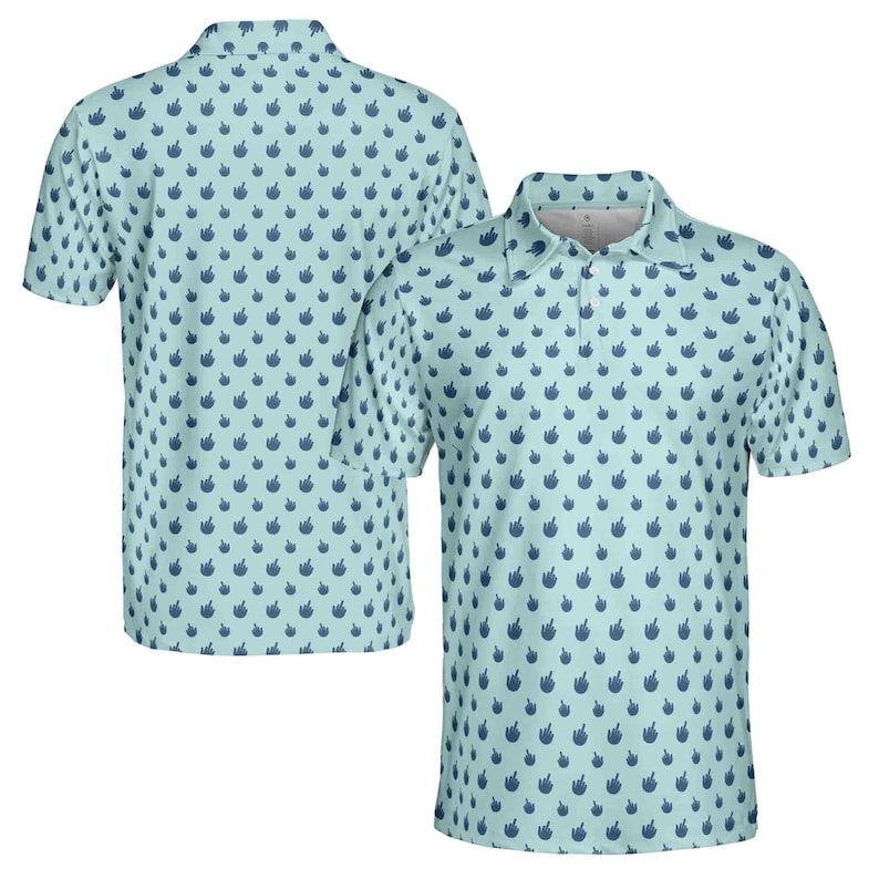 May include: A light blue short-sleeved polo shirt with a repeating pattern of dark blue middle fingers.