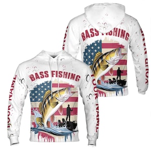Custom Name Unisex Novelty Bass Fish American Flag Patriotic Fishing Hoodie S-5XL
