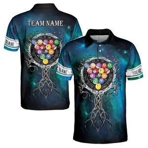Custom Name Billiards Balls Galaxy Viking Tree Roots Men&#39;s Polo Shirt S-5XL